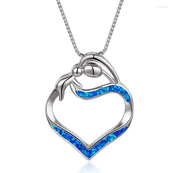 Collane con ciondolo Collana Cute Mom Love Baby Cuore opale blu bianco per donna Boho Catena color argento Regalo per la festa della mamma