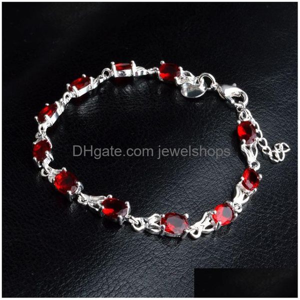 Kette Rote Diamant-Armbänder Für Frauen Mädchen 925 Sterling Silber Überzogene Designs Mode Geschenk Link Kette Schmuck Mit Karabinerverschluss 8 Zoll Dhf0P