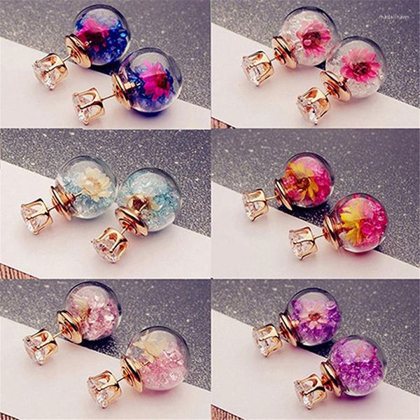 Ohrstecker Koreanische Mode Doppelte Glaskugel Natürliche Getrocknete Blume Charme Sphärische Ornamente Für Frauen Schmuck Party Geschenk