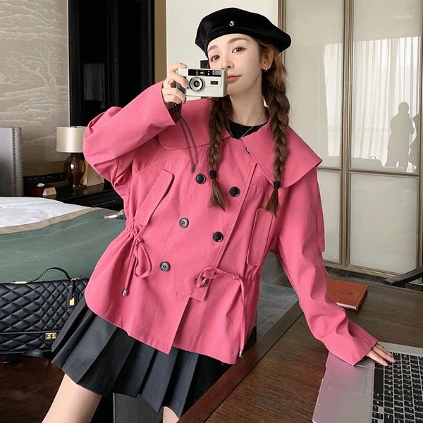 Trench da donna doppio petto con coulisse dolce cappotto rosa Jackct per le donne 2023 autunno elegante stile coreano allentato giacca a vento corta