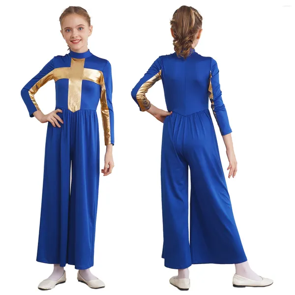 Sahne Giyim Çocuk Kızlar Lirik Dans Tulum Kilisesi Korosu ibadet Performans Kostümü Uzun Kollu Metalik Liturjik Kutlama Bodysuit