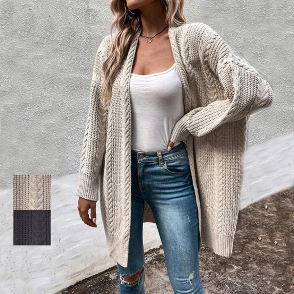 Jackets femininos Autumn e Winter Coast em Long Pattern Knit Cardigan Cardigan Pure Color European American Wind