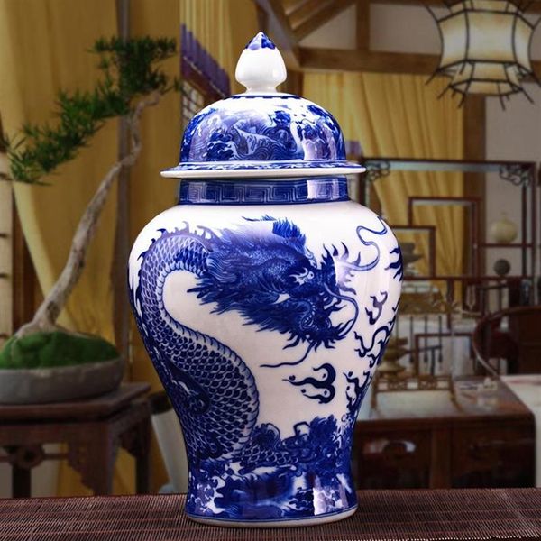 Вазы Античный китайский дракон Классическая керамика Цин Большая имбирная банка Синяя и белая фарфоровая напольная ваза для драгоценного подарка204w