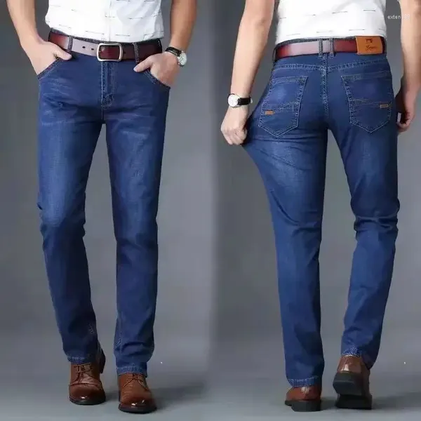Jeans masculinos 2023 calça elástica reta clássico casual desgaste meados de cintura calças azul preto cor tamanho 38