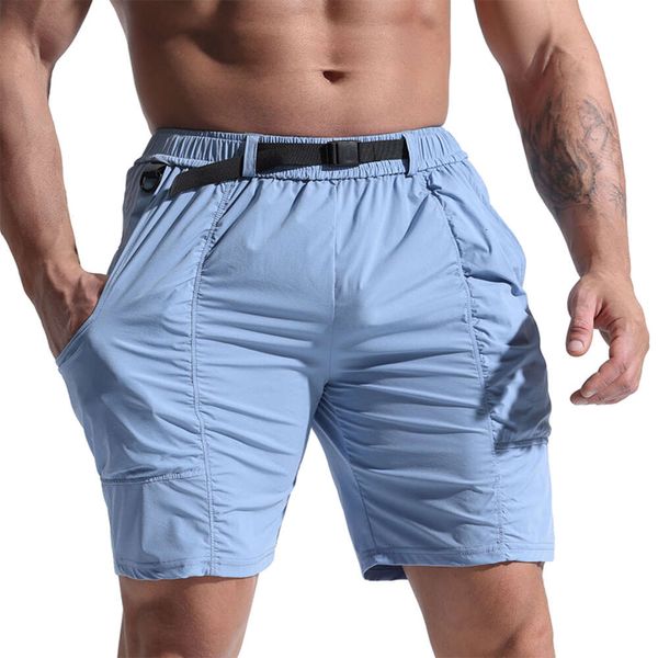 Verão masculino fino respirável carga grande bolso correndo shorts esportivos secagem rápida roupas ao ar livre