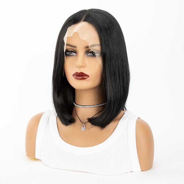 Perruque femme noir court cheveux raides moyen divisé bobo tête d'onde haute température soie fibre chimique cheveux avant dentelle capuche