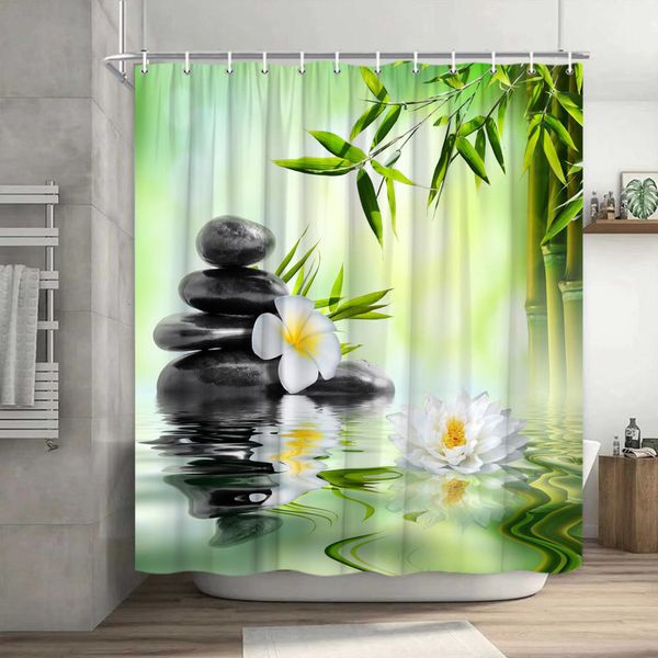 Duschvorhänge Grüner Bambus Zen Stein Lotus Fließendes Wasser Landschaft Vorhang Home Badezimmer Dekoration Set mit Haken 230422