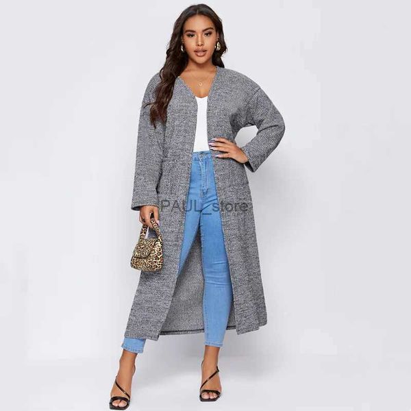 Damen-Trenchcoats, Übergröße, langärmelig, elegant, Frühling, Herbst, Maxi-Strickjacken, Damen-Taschenseiten, lose offene Vorderseite, Duster-Jacke, großer Mantel, 6XLL231122