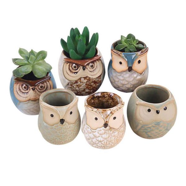 6 pezzi set gufo in ceramica vaso pianta grassa cactus vaso da fiori contenitore fioriera vasi bonsai H99F 210615302n