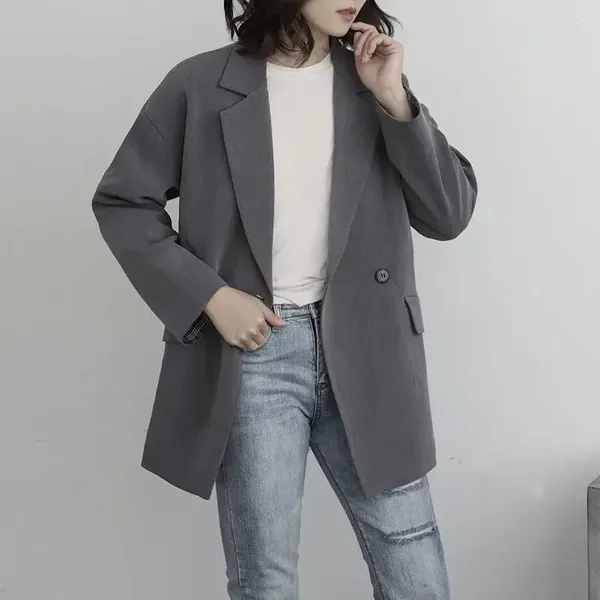 Ternos femininos cinza jaqueta solta blazer mulher roupas pretas verificar casacos para mulher colorblock xadrez coreano roupas de luxo primavera outerwears