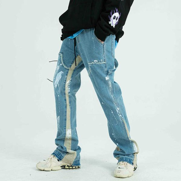 Pantaloni da uomo Color Blo Painted Streetwear Dstring Jeans Uomo Sfilacciato Nastro laterale Pantaloni larghi in denim casual Pantaloni Hip Hop Harajuku Coppia G230422