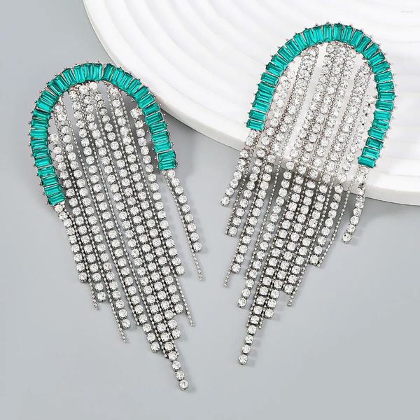 Orecchini pendenti esagerata catena di strass verde lunga nappa goccia per gioielli di orecchino pendente creativo di colore argento delle donne di moda