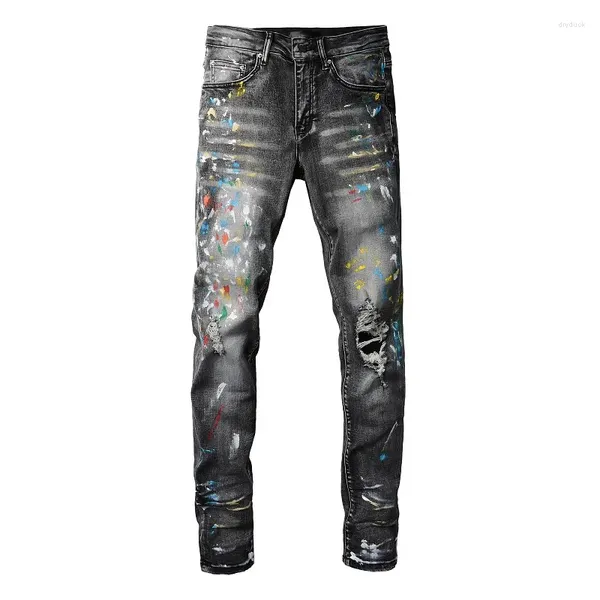 Jeans da uomo 2024 Arrivo Luce Nero Distressed Pittura Streetwear Skinny Distrutto Foro Graffiti Strappato Dipinto