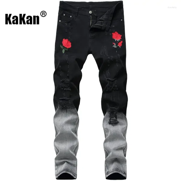 Jeans masculinos Kakan - pés pretos europeus e americanos para homens design original rosa buraco longo K21-1855