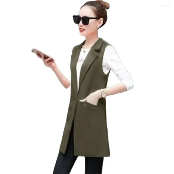 Abiti da donna Blazer senza maniche Gilet solido casual Gilet da donna Temperamento Risvolto Abito lungo Gilet Giacca da donna Tasche del cappotto Primavera OL