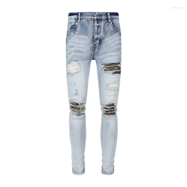 Calças de brim masculinas High Street Moda Homens Retro Luz Azul Stretch Skinny Fit Botões Rasgado Remendado Designer Hip Hop Marca Calças