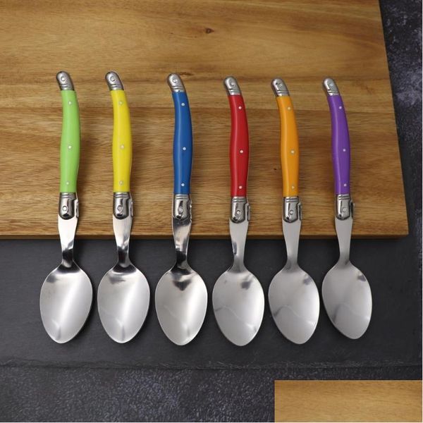 Löffel Edelstahl Laguiole Abendessen Löffel Großes großes Esslöffel-Set Regenbogengriff Suppenlöffel Mti Color Cutlery Cafe 6 Stück 8,5 Zoll Dr Dh7Rb