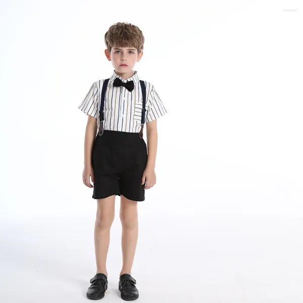 Kleidung Sets 2023 Sommer Jungen Fliege Gestreiften Revers Kurzarm Baumwolle Hemd Kinder Hosenträger Shorts Britischen Zwei-stück set Stil