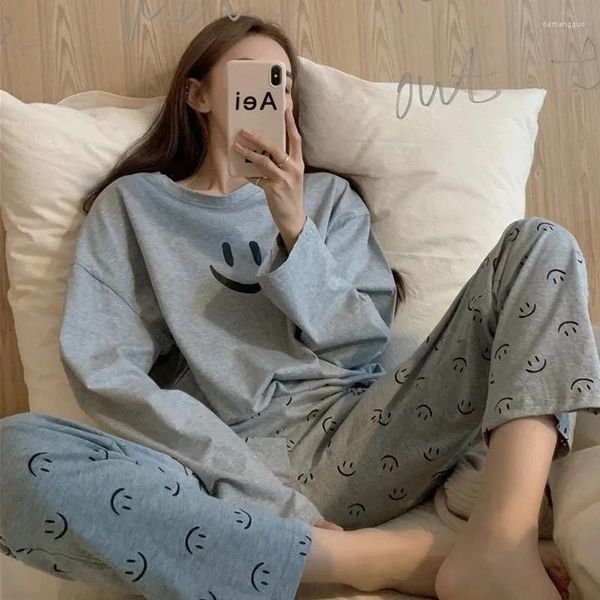 Mulheres sleepwear mulheres pijamas de algodão sorriso impressão adolescente doce preto cinza casa roupas calças ternos nightgown outfits primavera outono