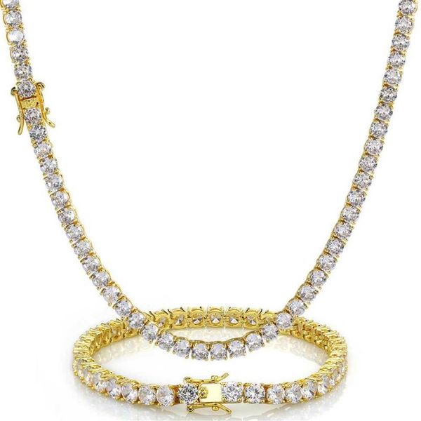 Хип-хоп браслеты, ожерелье, комплект ювелирных изделий, теннисные цепочки для мужчин и женщин, блестящий бриллиант, 18-каратное настоящее золото, белое золото, Plated240j