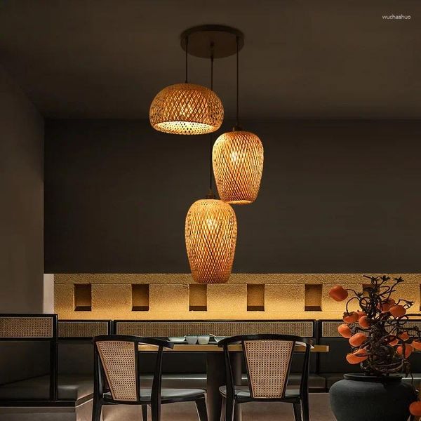 Lâmpadas pendentes clássico 3pcs bambu lâmpada de madeira luz de teto lustres sala de estar sala de estudo luminária e27 decoração de casa luminária