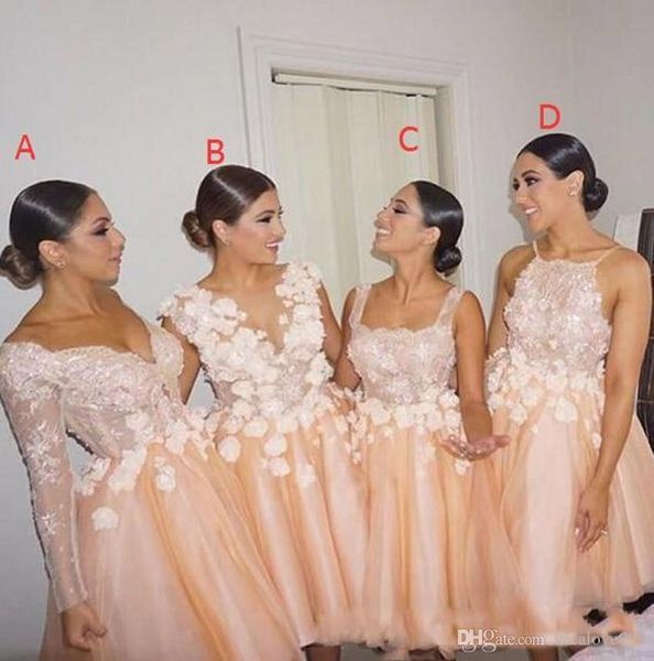 D Vestidos de dama de honra de Champagne Apllique Floral Sleeves Spaghetti Praia Plus Tamanho Vestidos de convidados de casamento