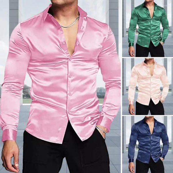 Camisas casuais masculinas rosa seda cetim luxo vestido camisa homens 2023 magro manga longa smoking masculino casamento clube festa dança baile camisas