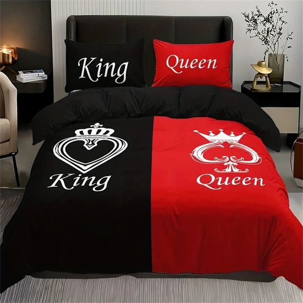 Set di biancheria da letto di lusso Nero Rosso Corona Coppia d'amore 3 pezzi Queen King Full Size Copripiumino Set di lino Copriletto per un bambino 200x200 240x220 231122