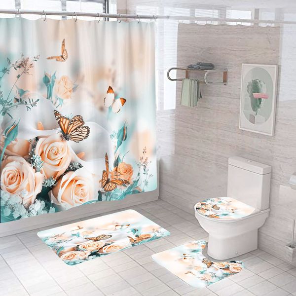 Cortinas de chuveiro Flores impressas 3D Banho cortina de borboleta Bathrown Polyester Fabric Floral Waterspert Screen com ganchos 230422