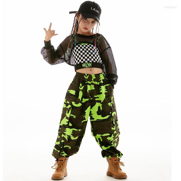 Стадия ношения бальные бальные хип -хоп одежда для девочек джазовый спектакль с длинными рукавами черные сетки.