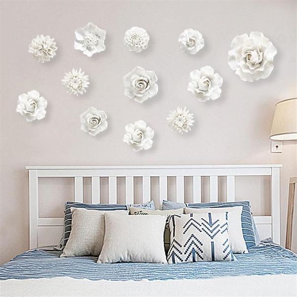 Adesivos de Parede Moderno 3D Cerâmica Flor Branca Adesivo Decoração Sala de TV Fundo Pendurado Artesanato El Mural Accessories2867