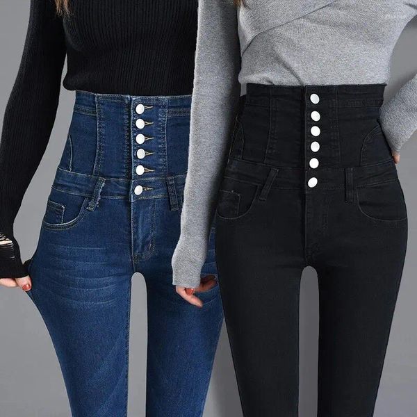 Jeans femininos plus size 25-32 mulheres botões rendas até primavera outono moda casual elástico magro lápis push longo calças jeans