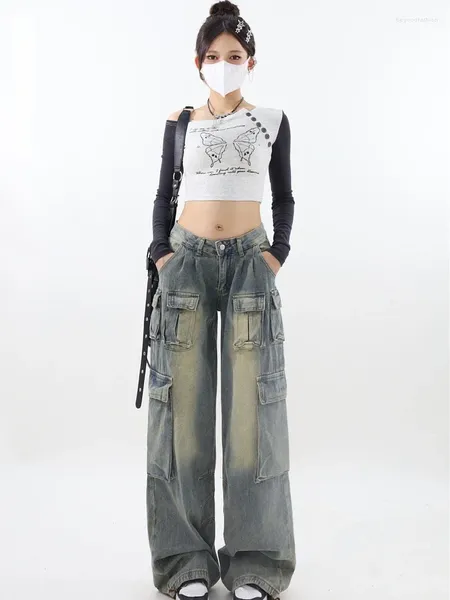 Calças de brim femininas vintage carga reta y2k 90s baggy harajuku perna larga calças jeans moda estética cowboy roupas 2023