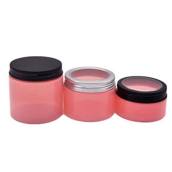 100 150 200 Barattoli di plastica da 250 ml Barattoli di stoccaggio per cosmetici in PET rosa Bottiglia rotonda con coperchi in alluminio con finestra per maschera crema Tjxcd