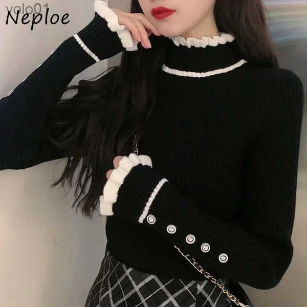Maglioni da donna Neploe jer Vintage Pull Femme Stand Neck Fungus Edge Contrast Color Patchwork Maglioni Long Sle Chic Buttons SweaterL231122