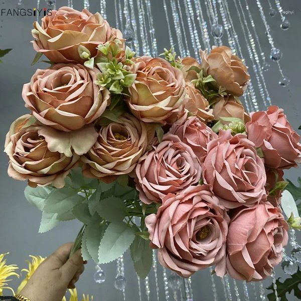 Dekorative Blumen, 9 goldene künstliche Rosen, Arrangement, Seidenstrauß, herrliche Moral für Home-Office-Partys und Hochzeitsdekoration