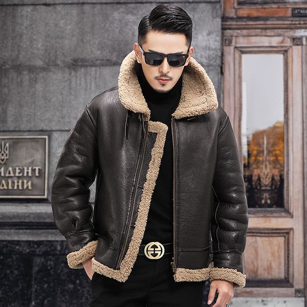 Jaquetas masculinas Shearling pele de carneiro genuíno casaco de couro homem B3 Bomber Fur Grosso Jaqueta de Inverno Retro Outerwear Trench 230811