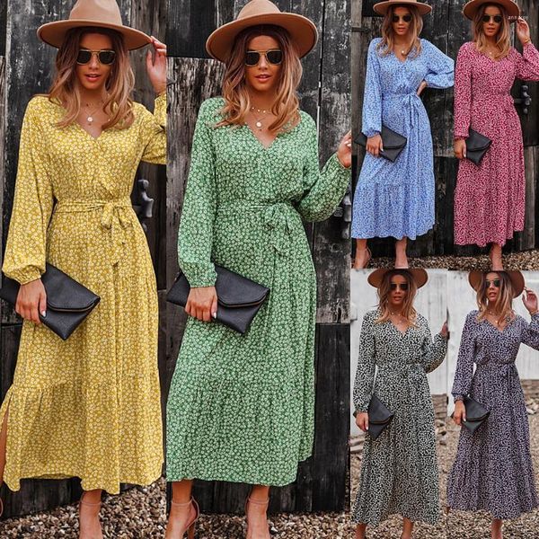 Lässige Kleider Mode Frühling Herbst Frauen V-Ausschnitt Langarm Schnürung hohe Taille böhmisches Kleid Damen eleganter Druck