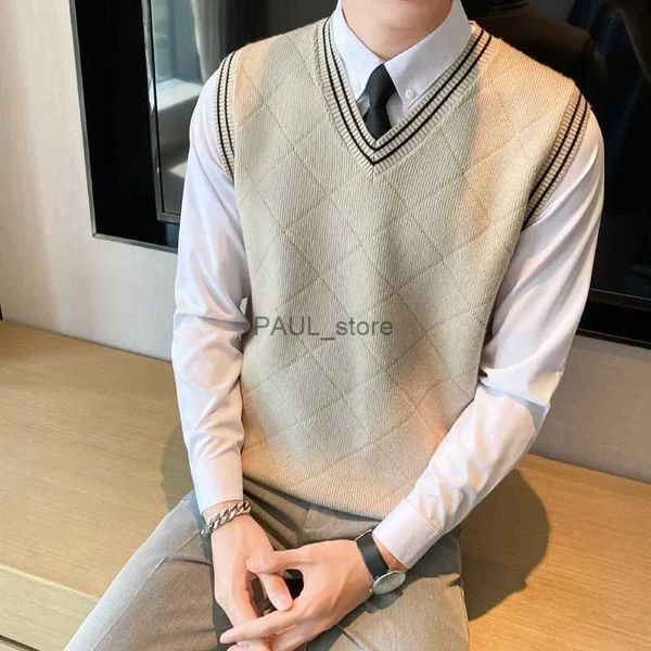 Suéteres masculinos 2023 novo padrão de outono camisola masculina colete retro com decote em v sem mangas colete de malha de lã roupas coreanas suéteres de estudante S-3XLL2311221