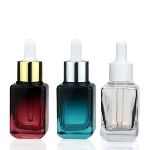 Frascos de perfume de óleo essencial de vidro quadrado, frasco conta-gotas de pipeta 30ml em gradiente azul vermelho e transparente (impressão UV do logotipo começa em Mram