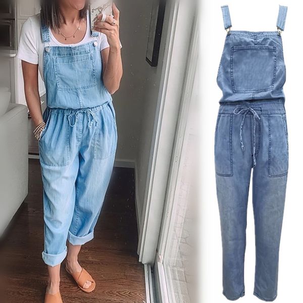 Damen Jumpsuits Strampler Frühling Herbst Dünne Lose Lässige Damen Denim Jumpsuit Lace Up Elastische Taille Overalls Einfarbig Breite Beinhose Bodysuit 230422