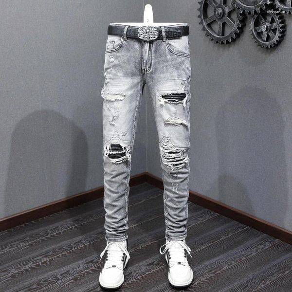 Jeans masculinos high street moda homens retro preto cinza elástico estiramento magro rasgado couro remendado designer hip hop marca calças