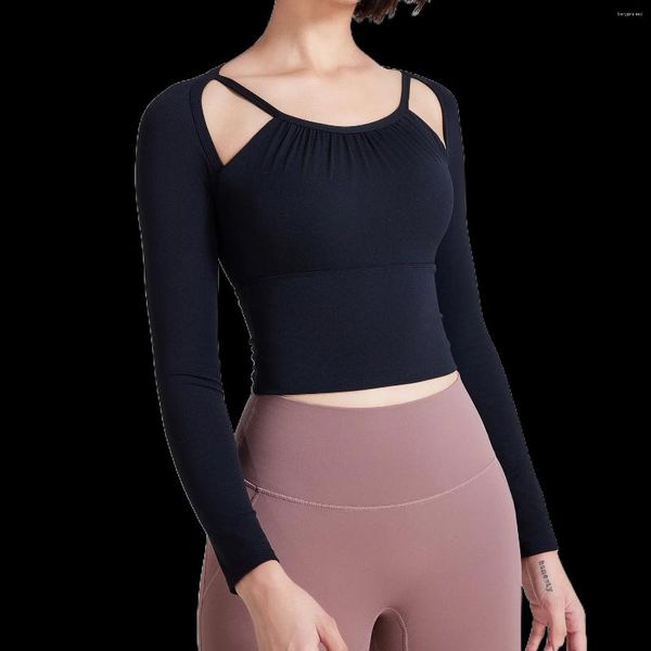 Camisas ativas femininas outono inverno sutiã de peito fixo yoga manga longa plissado esportes tophollow out ombro correndo roupas de fitness