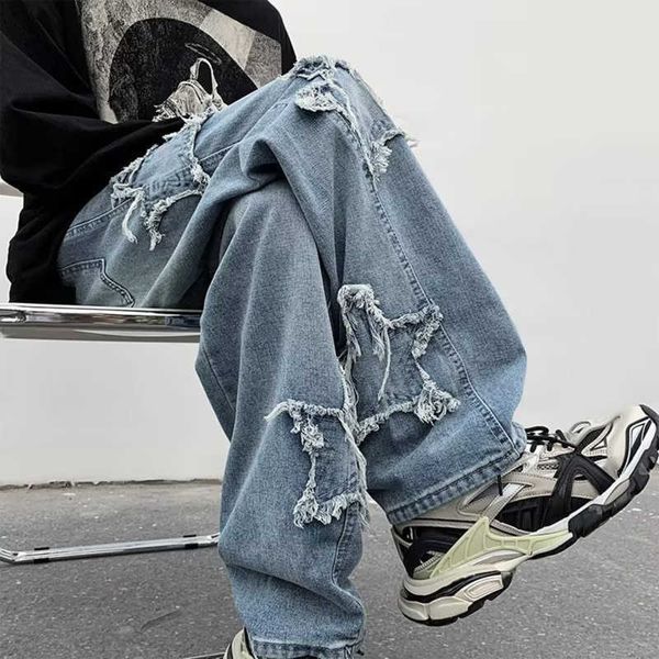 Herrenhose 2023 New Fashion Stars Handtuch Bestickt Braun Baggy Herren Jeans Y2k Cloes Straight Hip Hop Cotton Pantalon Homme G230422