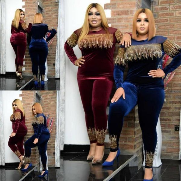 Женские футболки T 2pc Sets Stretch Forts Fot Shirts Brinestone Bunders Fashion African Women Women's Velvet Tops Tops Tops Tops Slim Suits