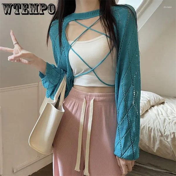 Damenpullover WTEMPO Dünner ausgeschnittener Strickpullover Jacke Sommer Kurze lose Krawatte Sonnenschutz Cover Up Langärmliges Top Drop