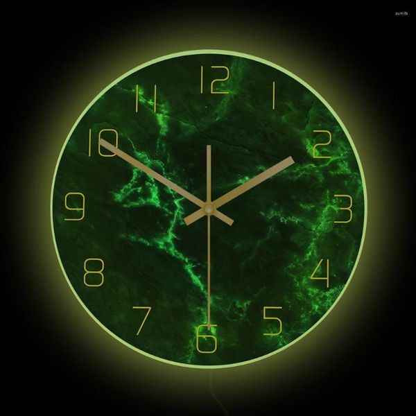 Horloges murales horloge imprimée en marbre vert émeraude avec rétro-éclairage LED Design moderne décor à la maison montre oeuvre lumineuse