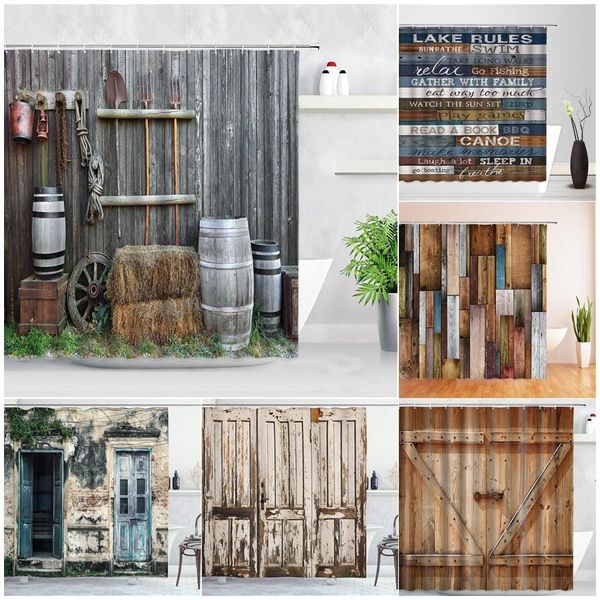 Tende da doccia Porte in legno rustico retrò Vintage Farm Barn Old Door Home Decor Tessuto in poliestere impermeabile Set di tende da bagno 230422