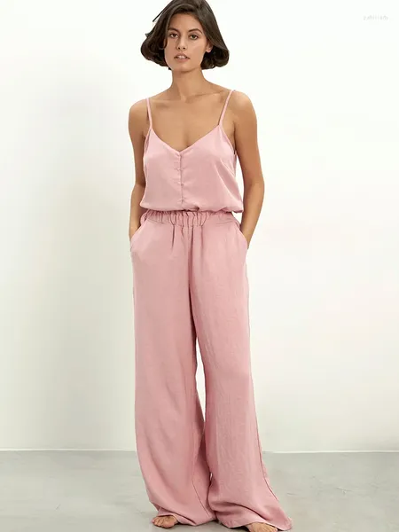 Pigiama di cotone Linad da donna per donna Set da 2 pezzi Spaghetti larghi con scollo a V Indumenti da notte Pantaloni casual da donna Autunno