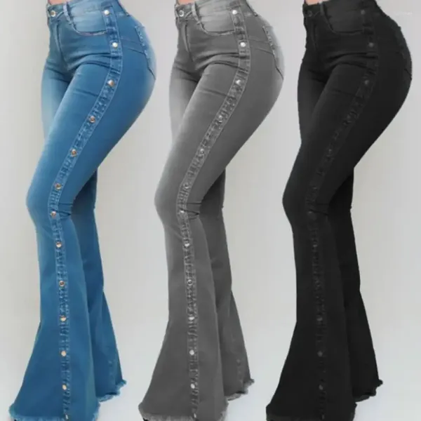 Kadınlar kot pantolon, yüksek bel parlaması yukarılı kadınlar 2023 Sonbahar moda metal düğmesi tasarım çan dip bayan büyük boy kot pantolon